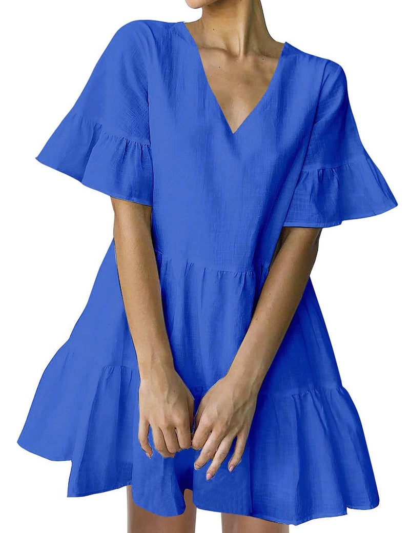 FANCYINN Womenâ€™s Blue Shift Tunic Mini Dress with Pockets Short Bell Sleeve V Neck Casual Swing Ruffle Hem Dress M - Image 1
